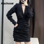 Aachoae-Sexy-V-Neck-Black-Pleated-Mini-Dress-Women-Long-Sleeve-Party-Bodycon-Dress-Female-Side-Zipper-Chic-Dresses-Robe-Femme