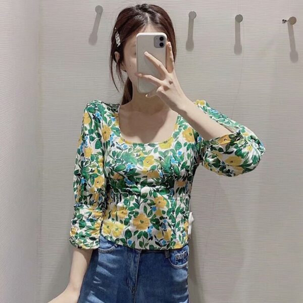 Aachoae 2020 Floral Print Blouse Shirt Women Puff Sleeve Cotton Elegant Blouses Female Square Collar Casual Cropped Shirts