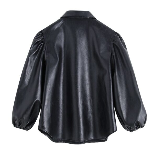 Aachoae Vintage Black PU Faux Leather Blouse Shirt Women 2020 Turn Down Collar Lantern Sleeve Shirt Streetwear Blouse Top Blusas