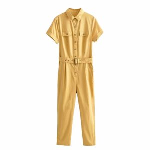 Aachoae Solid Office Wear Jumpsuit Women Turn Down Collar Casual Jumpsuit With Belt Baggy Short Sleeve Full Length Jump Suit