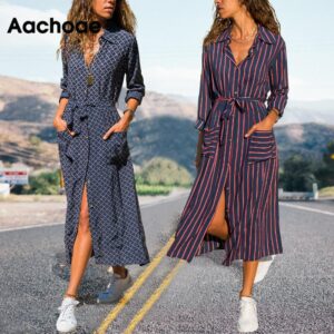 Aachoae 2020 New Striped Lady Shirt Dress Long Sleeve Turn Down Collar Casual Dresses Pockets Bandage Elegant Midi Dress Robe