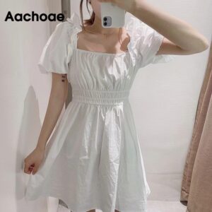 Aachoae Women Sweet Black White Dress Ruffles Puff Short Sleeve Stylish Chic Mini Dress Elastic Waist Pleated Cotton Dresses