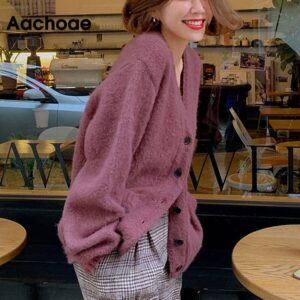 Aachoae Pure Cardigan Sweater Women Loose Korean Style Knitted Tops Lady Long Sleeve Pocket Casual Sweaters V Neck Outerwear