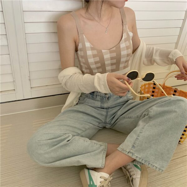 Aachoae Plaid Patchwork Camisole Women Sexy Spaghetti Strap Short Tank Tops Lady Retro Slim Knitted Camis Female Vetement Femme