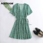 Aachoae Casual V Neck Floral Print Dress Women Summer 2020 Short Sleeve Mini Dress With Belt Beach Dress Sundress Robe Femme