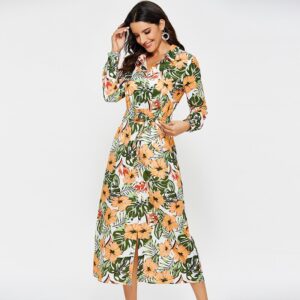 Aachoae Dress Women Vintage Floral Print Casual Turn Down Collar Shirt Dress Long Sleeve Sashes Office Dresses Autumn Long Dress