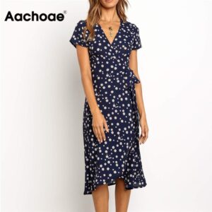 Aachoae Summer Long Dress 2020 Print Boho Wrap Beach Dress Sexy Side Split Elegant Bodycon Long Party Dress Sundress Vestidos