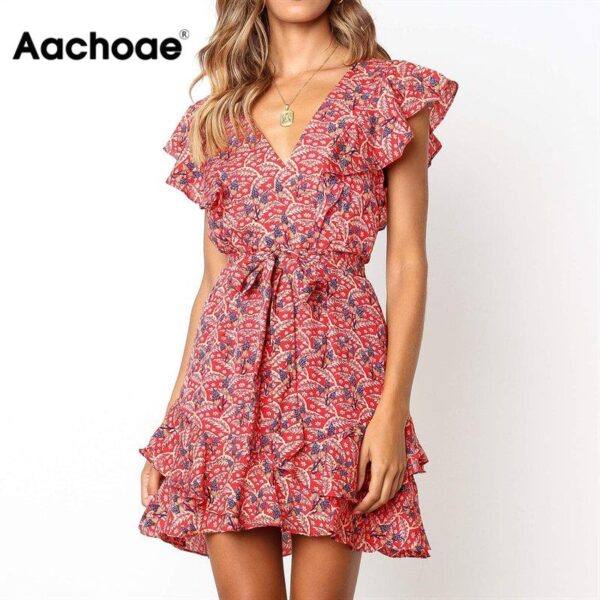 Aachoae Dress Summer 2020 Women Floral Print Sashes Beach Dress Boho Ruffles A-line Mini Sundress Elegant Party Dress Vestidos