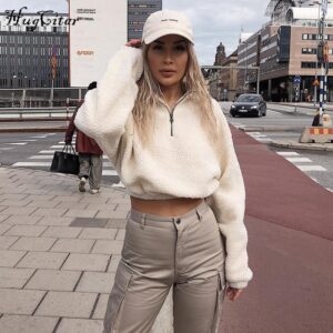 Hugcitar long sleeve zipper high neck Faux lambswool crop tops 2018 autumn winter women fashion solid coat jacket