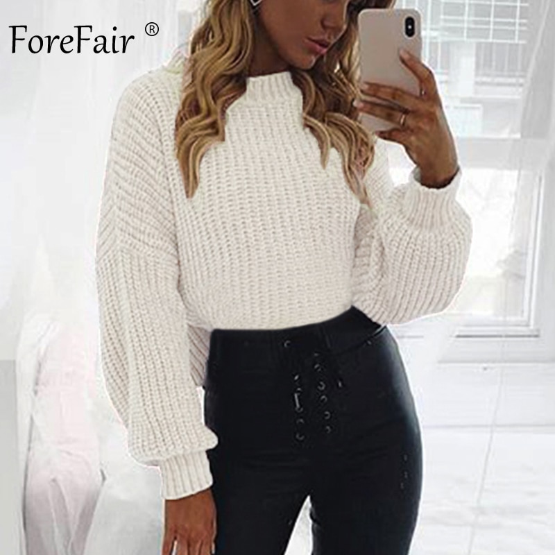 Forefair Casual Turtleneck Sweater Woman Winter Knitting Pullovers Lantern Sleeve Short Black White Knitted Solid Women Jacket