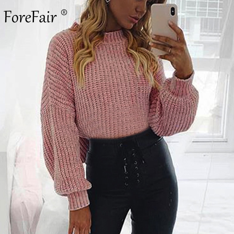Forefair Casual Turtleneck Sweater Woman Winter Knitting Pullovers Lantern Sleeve Short Black White Knitted Solid Women Jacket