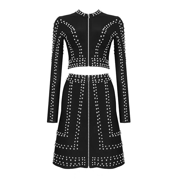 Winter sexy black rivet ladies set Bodycon long sleeve jacket and A-line skirt 2 two-piece set women celebrity party Female Set
