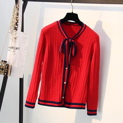Xistep Woman Thick Winter Autumn Knitted Cardigan Elegant Pearl Button Sweater OL Style Bow Tie Jacket Stripe O Neck Long Sleeve
