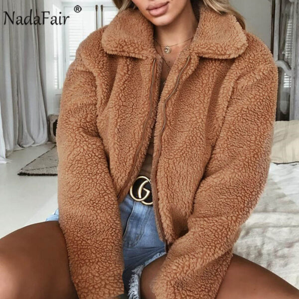 Nadafair Teddy Coat Women Winter Faux Fur Coat Thick Plus Size Fluffy Pockets Plush Jacket Ladies Autumn Overcoat Outerwear
