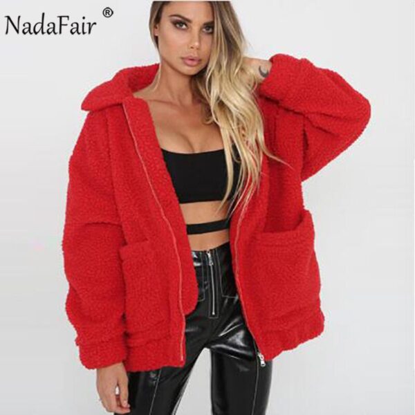 Nadafair Teddy Coat Women Fluffy Jacket Autumn Zipper Plush Thick Casual Plus Size Lamb Winter Faux Fur Coat Female Overcoat