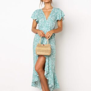 Aachoae Women Summer Dress Floral Print Long Beach Dress 2020 Ruffles Short Sleeve Bohemian Maxi Dress Boho Sundress Vestidos