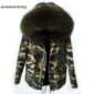 2017 Women Winter Camo Parkas Large Raccoon Fur Collar Hooded Coat Outwear 2 in 1 Detachable Lining Winter Jacket Brand Style