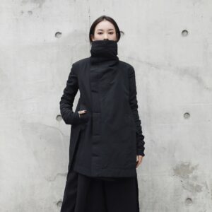 [EAM] 2020 New Fashion Winter Stand Lead Irregular Long Type Cotton-padded Clothes Loose Coat Solid Black Jacket Woman YA771