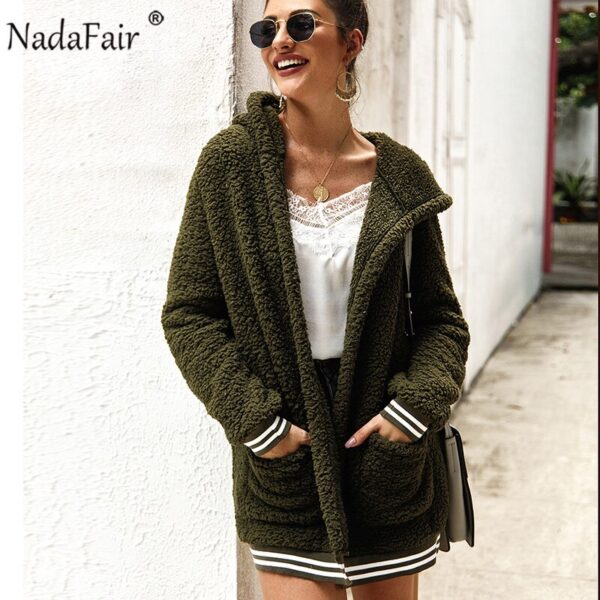 Nadafair Faux Fur Coat Women Hooded Winter Casual Teddy Coat Autumn Pockets Plus Size Fur Jacket Fleece Fluffy Overcoat Outwear