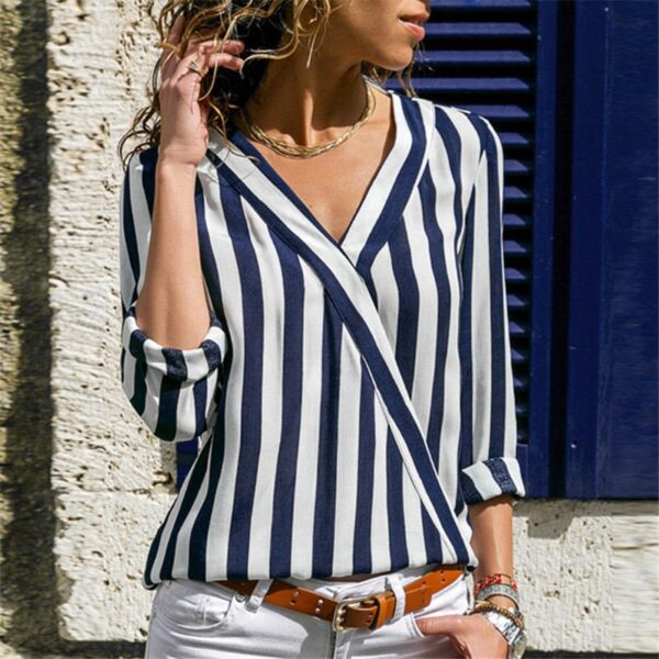 Aachoae Women Striped Blouse Shirt Long Sleeve V-neck Shirts Casual Tops Blouse et Chemisier Femme Blusas Mujer de Moda 2020