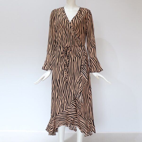 Aachoae Long Dresses 2020 Women Zebra Print Beach Bohemian Maxi Dress Casual Long Sleeve V Neck Ruffles Party Dress Vestidos