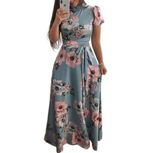 Aachoae Women Long Maxi Dress 2020 Floral Print Summer Dress Casual Short Sleeve Turtleneck Bandage Bodycon Party Dress Vestidos