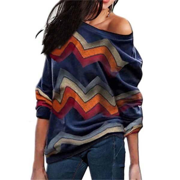 Aachoae Women Blouses Off Shoulder Tops Striped Print Pullover Jumper Casual Knitted Top Long Sleeve Blouse Shirt Camiseta Mujer
