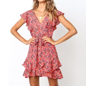 Aachoae Dress Summer 2020 Women Floral Print Sashes Beach Dress Boho Ruffles A-line Mini Sundress Elegant Party Dress Vestidos