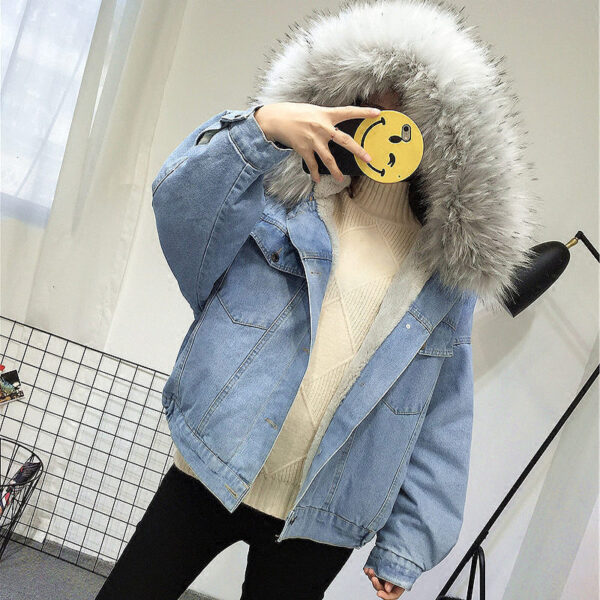 Elexs velvet thick denim jacket female winter big fur collar Korean locomotive lamb coat female student short coat 72510