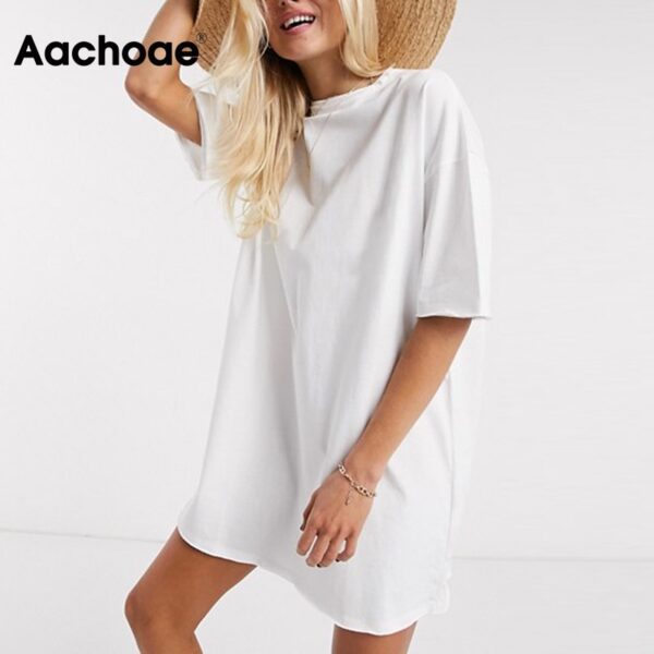 Aachoae Women Casual Loose Solid Cotton T Shirt Dress O Neck Oversize Mini Dress Batwing Short Sleeve Basic Dresses Vestidos