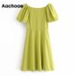Aachoae Solid V Neck Mini Dress Women Summer Lantern Short Sleeve Elegant Dresses Button Pleated Casual Green White Dress Female