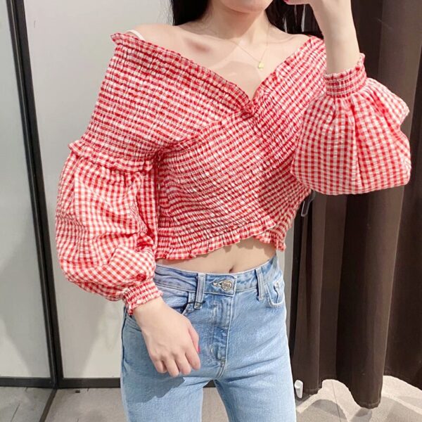 Aachoae Women Cotton Plaid Crop Top Blouse Long Sleeve Off Shoulder Chic Bodycon Shirt Sexy Crossover V Neck Stretchy Short Top
