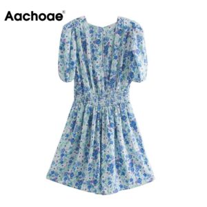 Aachoae Women Sweet V Neck Floral Print Bodysuit Puff Short Sleeve Pleated Jumpsuit Female Vintage Ladies Rumper Playsuit