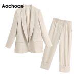 Aachoae-Solid-Two-Piece-Office-Wear-Suit-Blazer-Set-Women-Long-Sleeve-Suit-Jacket-Coat-With-High-Waist-Wige-Leg-Cuff-Trousers