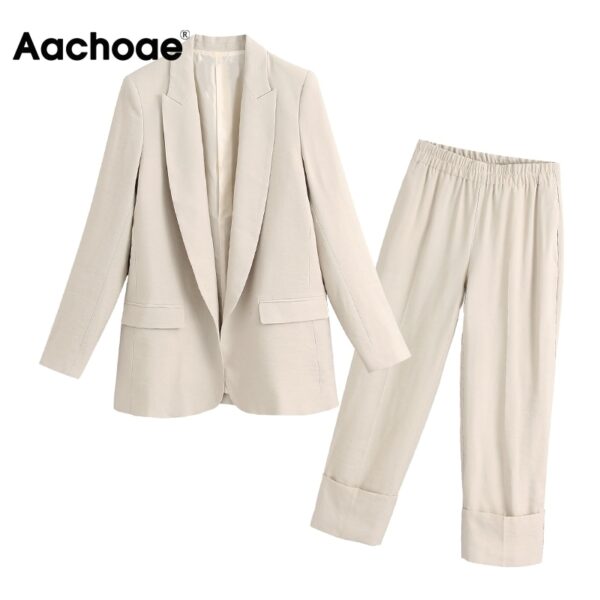 Aachoae Solid Two Piece Office Wear Suit Blazer Set Women Long Sleeve Suit Jacket Coat With High Waist Wige Leg Cuff Trousers