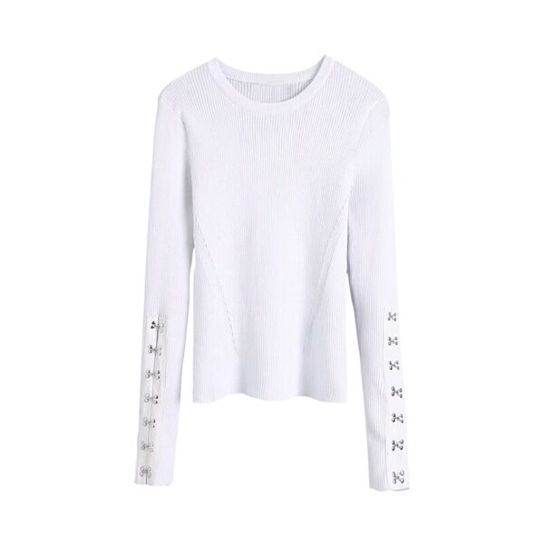 Aachoae Autumn Winter Casual Pullover Sweater Women O Neck Long Sleeve Basic Jumper Pullovers Fashion Pin Buckles Patch Slim Top