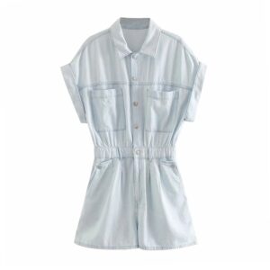 Aachoae Fashion Light Blue Color Denim Jumpsuit Women Summer Batwing Short Sleeve Loose Playsuit Female Pockets Casual Jumpsuits