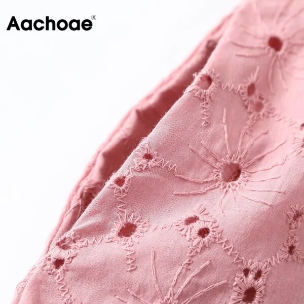 Aachoae Elegant Pink Color Embroidery Mini Dress Summer V Neck Puff Short Sleeve Casual Dresses Lady Hollow Out Retro Dress