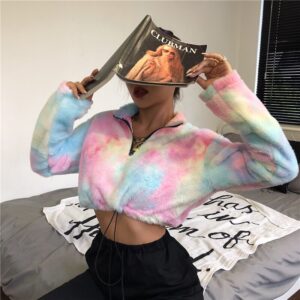 Hugcitar 2019 tie dye long sleeve zipper high neck Faux lambswool crop tops autumn winter women streetwear solid coat jacket