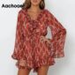 Aachoae Boho Floral Print Playsuit Women Summer 2020 Flare Long Sleeve Ruffle Party Bodysuit Chic V Neck Chiffon Beach Jumpsuit