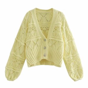 Aachoae Yellow Color Fashion Cardigan Sweater Women V Neck Elegant Jumper Tops Lady Batwing Long Sleeve Pure Sweater Female