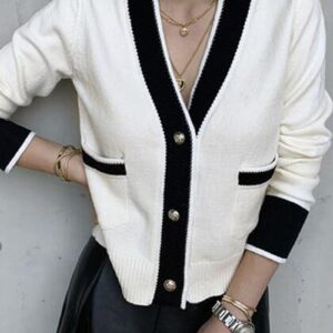 Aachoae Chic Patchwork Cardigan Top Women Casual V Neck Single Breasted Knitwear Sweater Autumn Winter Long Sleeve Pockets Coat