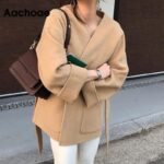 Aachoae-Women-Solid-Woolen-Coat-Elegant-V-Neck-Bandage-Jacket-Female-Batwing-Long-Sleeve-Loose-Pocket-Coat-Lady-Outerwear