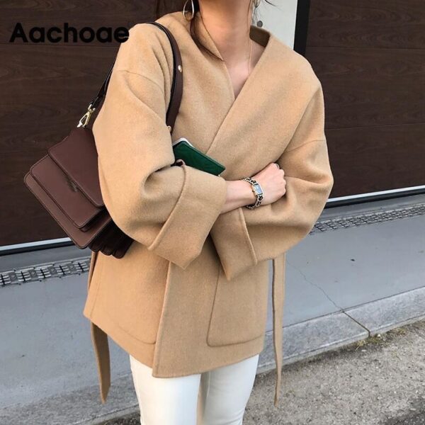 Aachoae Women Solid Woolen Coat Elegant V Neck Bandage Jacket Female Batwing Long Sleeve Loose Pocket Coat Lady Outerwear