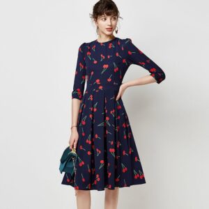 Aachoae Vintage O Neck Casual A Line Cherry Print Dresses Women 2020 Three Quarter Sleeve Midi Dress Elegant Party Pleated Dress