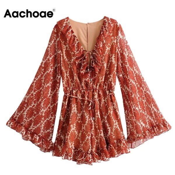 Aachoae Boho Floral Print Playsuit Women Summer 2020 Flare Long Sleeve Ruffle Party Bodysuit Chic V Neck Chiffon Beach Jumpsuit