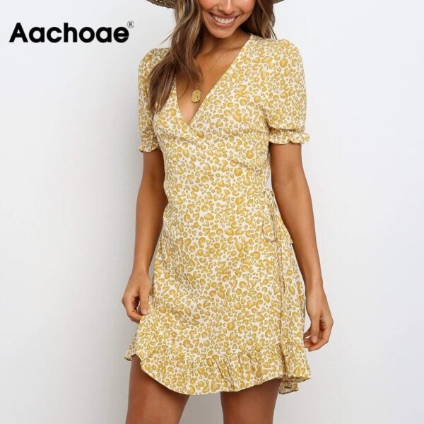 Aachoae Summer Casual V Neck Print Dress Women Short Sleeve Fashion Beach Mini Dress Ruffles Wrap Dress Sundress Vestidos Mujer