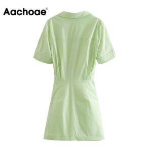 Aachoae Chic Pleated Green Mini Dress Women Fashion Short Sleeve Cotton Bodycon Dress Turn Down Collar Ladies Office Dresses