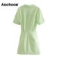 Aachoae Chic Pleated Green Mini Dress Women Fashion Short Sleeve Cotton Bodycon Dress Turn Down Collar Ladies Office Dresses