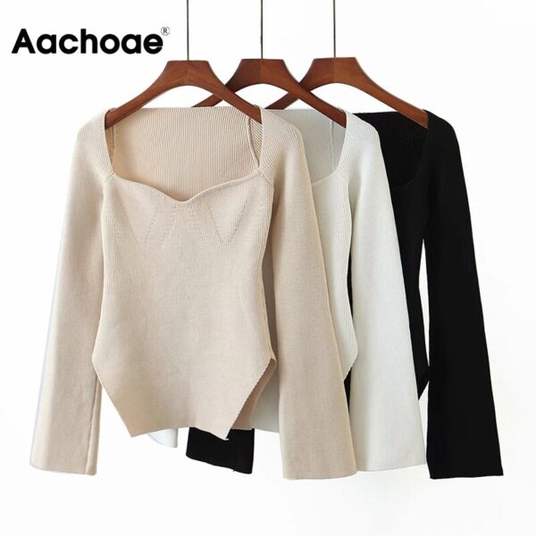 Aachoae Chic Solid Pullover Sweater Women Irregular Hem Flare Long Sleeve Stylish Knitted Sweaters Lady Square Neck Sexy Tops